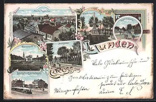 Lithographie Lunden, Bahnhof mit Bahnhofshotel, Friedrichstrasse, Gänsemarkt