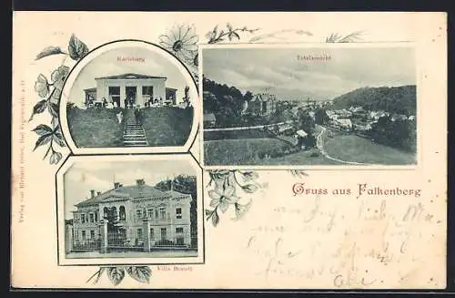 AK Falkenberg / Mark, Gasthaus zur Karlsburg, Villa Brandt, Totalansicht