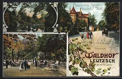 AK Leutzsch, Pension Becker, Waldhof-Teich & Restaurationsgarten