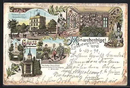 Lithographie Liebertwolkwitz, Restaurant zum Monarchenhügel, Denkmal, Todenhäuschen