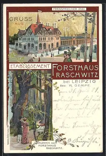 Lithographie Raschwitz b. Leipzig, Gasthaus Forsthaus v. R. Gempe