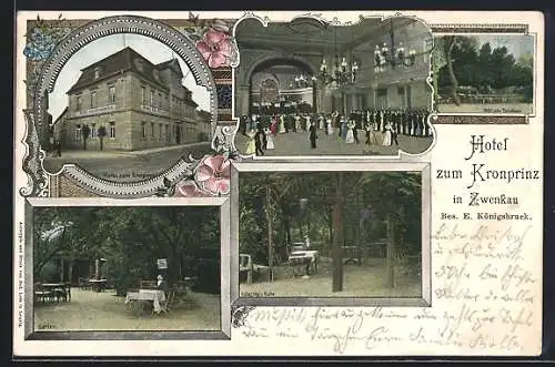 AK Zwenkau, Hotel zum Kronprinz mit Innenansicht und Blick in den Garten
