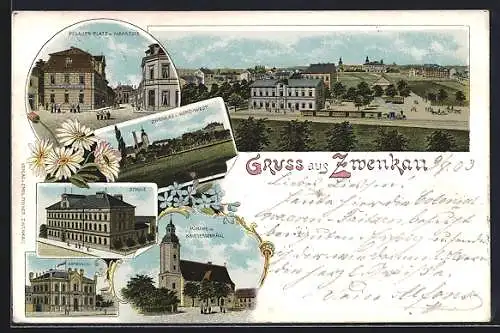 Lithographie Zwenkau, Pegauerplatz mit Marktstr., Schule, Kirche mit Kriegerdenkmal