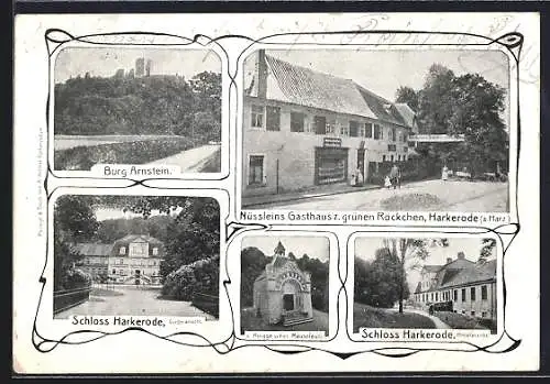 AK Harkerode / Harz, Nüsslein`s Gasthof z. grünen Röckchen, Burg Arnstein, Schloss