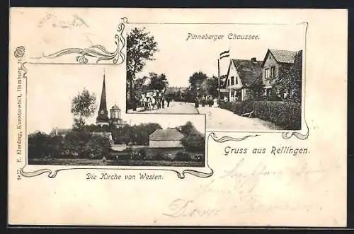 AK Rellingen, Strassenblick in die Pinneberger Chaussee, Kirche von Westen