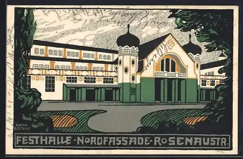 Lithographie Augsburg, Nordfassade der Festhalle Rosenaustrasse