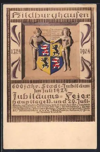 Künstler-AK Hildburghausen, Festpostkarte zum 600 jähr. Stadtjubiläum 1924, Wappen