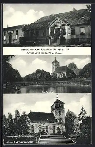 AK Marwitz bei Velten, Gasthof von Carl Schurbaum, Kirche und Kriegerdenkmal