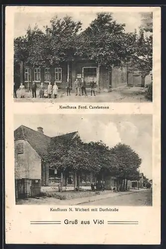 AK Viöl, Kaufhäuser von Ferd. Carstensen und N. Wichert, Dorfstrasse