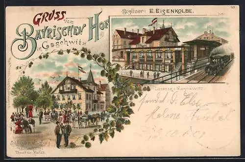 Lithographie Gaschwitz, Gasthaus Bayrischen Hof, Haltestelle mit Dampflok