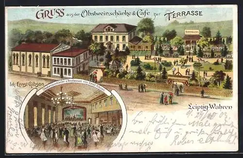 Lithographie Leipzig-Wahren, Cafe und Obstweinschänke zur Terrasse, Innenansicht