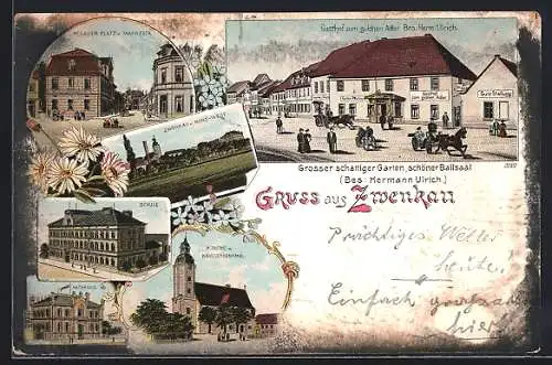 Lithographie Zwenkau, Gasthof zum goldnen Adler v. Herm. Ulrich, Marktstrasse und Kirche