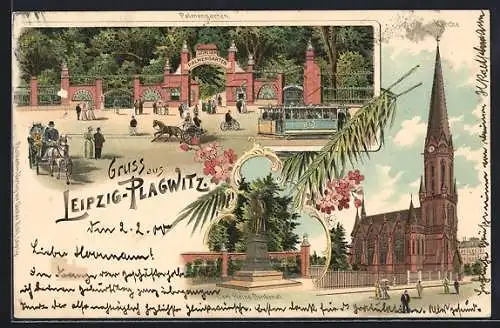 Lithographie Leipzig-Plagwitz, Kirche, Carl Heine-Denkmal, Strassenbahn vor dem Eingang des Palmengartens