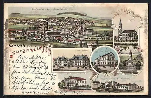 Lithographie Leutersdorf / Oberlausitz, Gesamtansicht von Nieder- und Oberleutersdorf, Postamt, Schule, Kirche