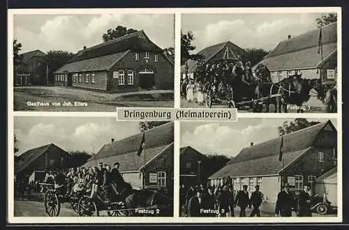 AK Dringenburg, Gasthaus Dringenburger Krog v. J. Eilers, Pferdegespanne im Festzug