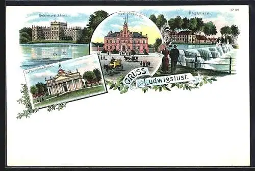 Lithographie Ludwigslust / Meckl., Grossherzogl. Schloss, Lutherische Kirche und Kaskaden