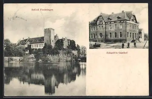 AK Flechtingen, Schloss mit Wasserspiegelungen, Eckardt`s Gasthaus