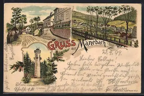 Lithographie Manebach i. Thür., Totalansicht mit Kickelhahn