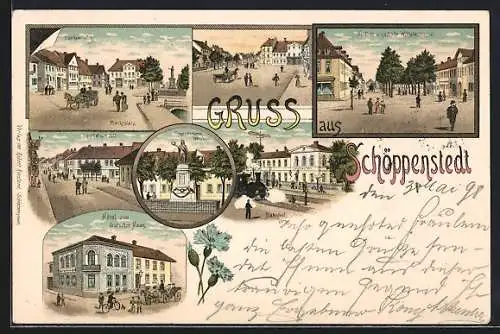 Lithographie Schöppenstedt, Gasthof zum Zoll, Hotel zum deutschen Haus, Bahnhof, Marktplatz mit Stadtkeller