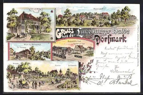 Lithographie Dorfmark, Gut v. d. Wense, Gasthof F. Thomas im Böhmetal, Bahnhof und Post