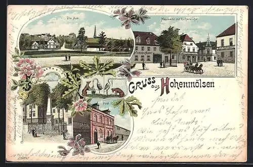 Lithographie Hohenmölsen, Neumarkt mit Luthereiche, Post, Stadtwappen, Siegesdenkmal