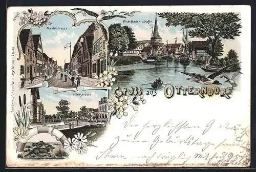 Lithographie Otterndorf, Villenstrasse, Marktstrasse, Fluss Meden u. Hafen