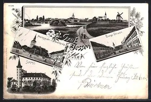 Lithographie Jessen / Elster, Lange Strasse, Schloss, Panorama mit Windmühle