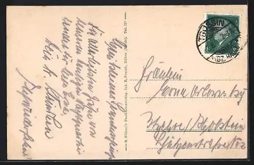 AK Roitzsch / Trossin, Gasthof zur guten Quelle, Kriegerdenkmal, Dorfstrasse und Schulen