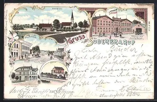 Lithographie Süderbrarup, Hauptstrasse, Anglerhof Henning Müller und Bahnhof