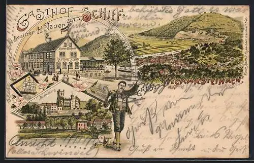 Lithographie Neckarsteinach, Totalansicht aus der Vogelschau, Gasthaus zum Schiff