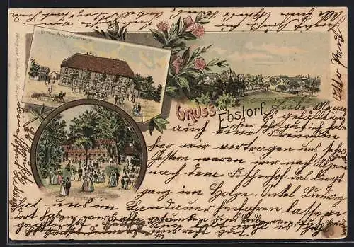 Lithographie Ebstorf, Hotel Altes Posthaus mit Postgarten, Totalansicht vom Hügel aus