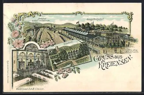 Lithographie Kreiensen, Hauptbahnhof und Bahnhof Kreiensen-Osterode, Viadukt und Wartesaal