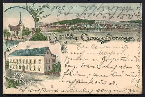 Lithographie Grosssteinberg, Gasthof zu Grosssteinberg, Kirche, Ortsansicht