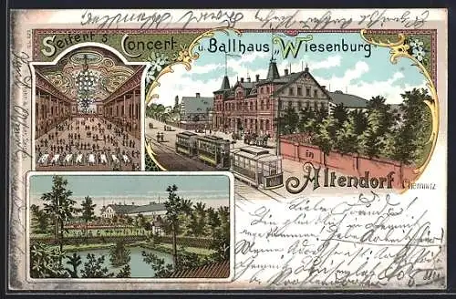 Lithographie Altendorf /Chemnitz, Seifert`s Concerte Ballhaus mit Strassenbahn, Festsaal und Strassenpartie