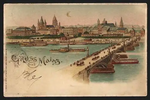 Lithographie Mainz, Stadt von der Brücke gesehen, beleuchtete Fenster, Halt gegen das Licht