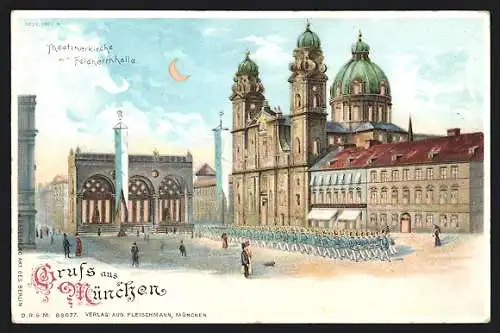 Lithographie München, Theatinerkirche mit Feldherrnhalle, beleuchtete Fenster, Halt gegen das Licht