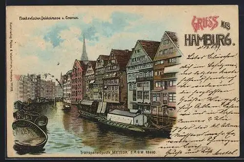 Lithographie Hamburg, Fleet zwischen Deichstrasse und Cremon, Leuchtende Fenster bei Halt gegen das Licht