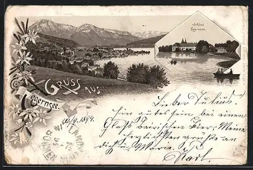 Vorläufer-Lithographie Tegernsee, 1894, Schloss Tegernsee und Blick auf die Stadt