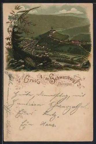 Vorläufer-Lithographie Schwarzburg /Thüringen, 1894, Ortsansicht mit Umgebung, Rahmen mit Vergissmeinnicht