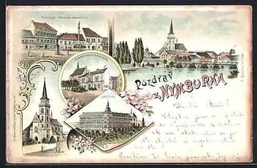 Lithographie Nimburg / Nymburk, Kostel, Namesti strana zapadni, Mest Skola