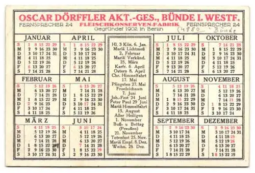 Kalender 1928, Reklame für Dörffler Würstchen, Oscar Dörffler AG, Bünde / Westfalen