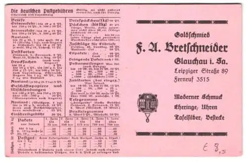 Kalender 1938, Reklame für Goldschmied Bretschneider, Glauchau / Sachsen, Leipziger Strasse 89