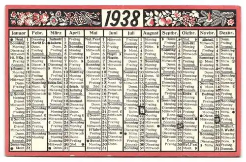 Kalender 1938, Reklame für Goldschmied Bretschneider, Glauchau / Sachsen, Leipziger Strasse 89