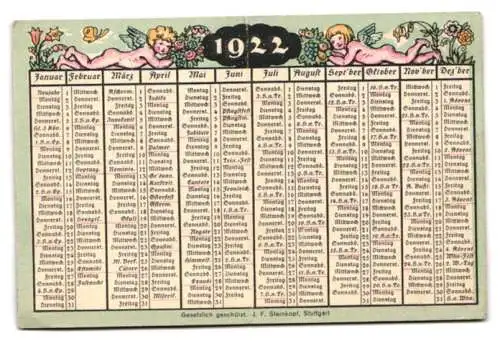 Kalender 1922, Reklame für Lande Zigaretten, Marken Eno, El Mokri, Frithjof, Landes-Casino