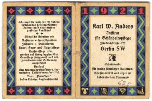 Kalender 1921, Reklame Institut für Schönheitspflege Karl W. Anders, Berlin, Friedrichstrasse 622