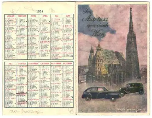 Kalender 1954, Reklame für Taxi-Unternehmen, Im Autotaxi quer durch Wien, Autos & Stephansdom