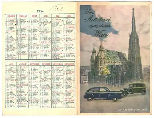 Kalender 1954, Reklame für Taxi-Unternehmen, Im Autotaxi quer durch Wien, Autos & Stephansdom