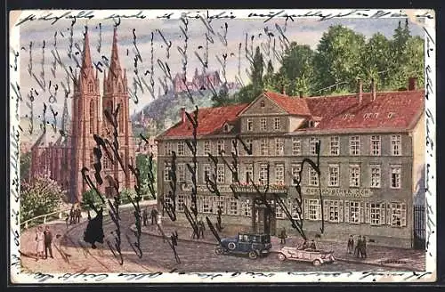 Künstler-AK Marburg, Europäischer Hof (Hotel Pfeiffer)