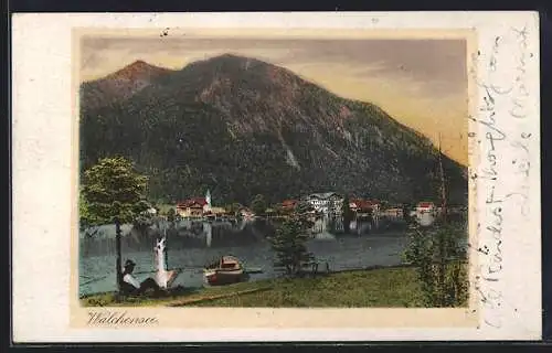 AK Walchensee, Uferpartie mit Bergblick