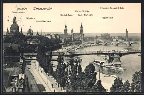 AK Dresden, Terrassenufer, Carola-Brücke, Friedrich August-Brücke